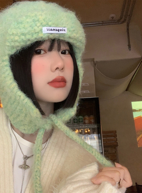 绿色针织护耳帽女2026新款秋冬