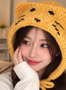 可爱黄色猫耳朵绑带针织帽女秋冬