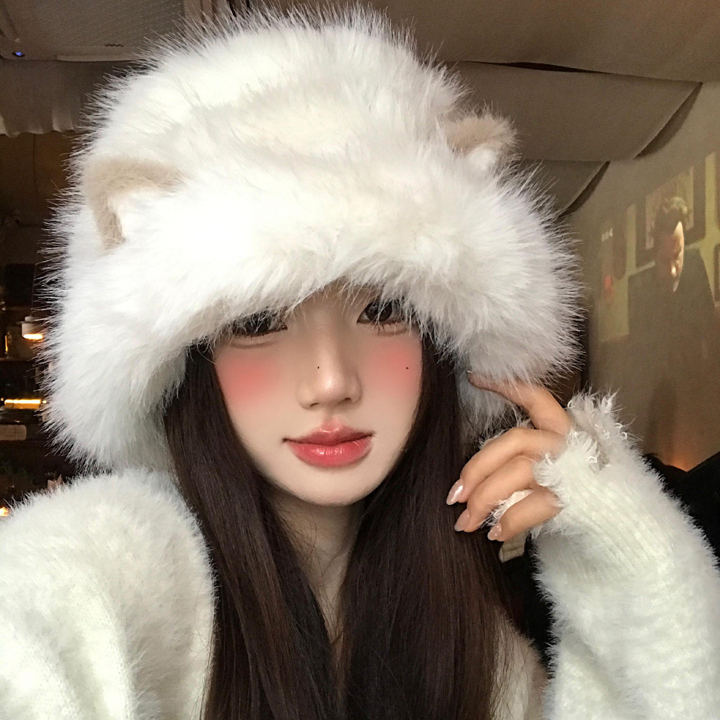 可爱猫咪耳朵毛绒渔夫帽女2025新款冬防寒保暖针织帽子大头围盆帽,淘宝优惠券,粉丝福利购,淘宝优惠卷