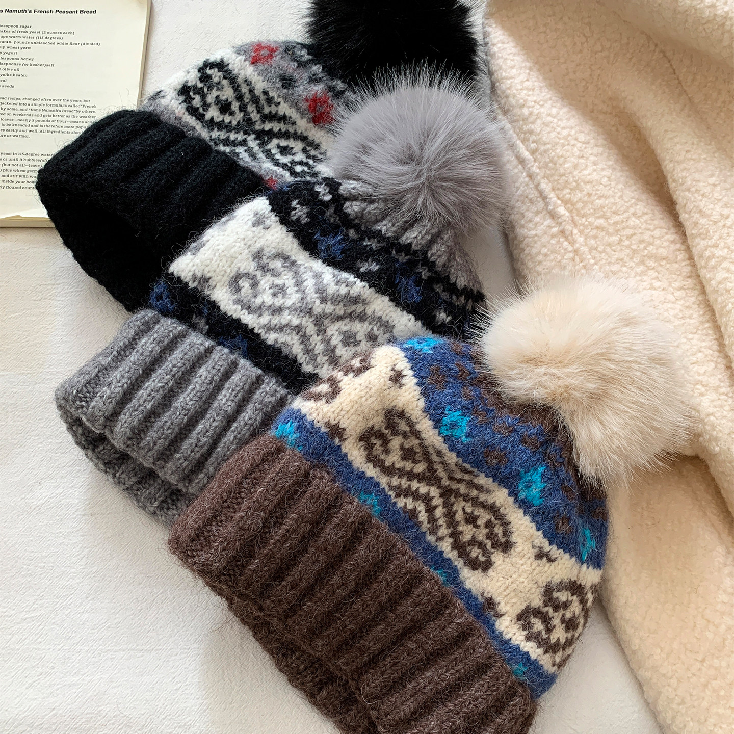 复古费尔岛毛球灰色针织毛线帽女冬季氛围感加厚保暖防寒包头帽子,淘宝优惠券,粉丝福利购,淘宝优惠卷