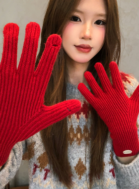 红色毛线针织手套女冬季加厚保暖