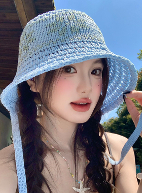 蓝色提花镂空针织帽女夏季薄款