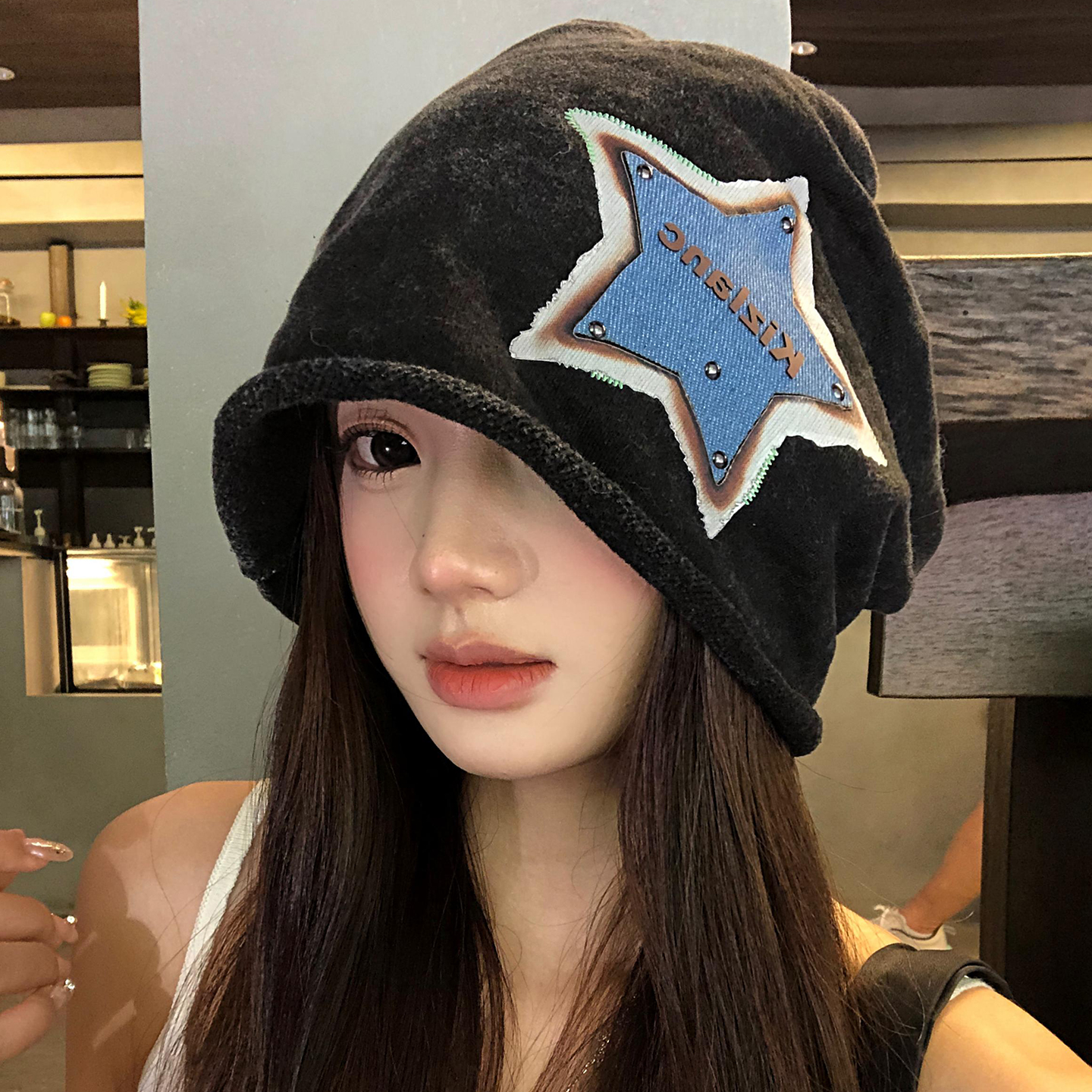 美式复古星星山系冷帽女秋冬季大头围堆堆帽显脸小月子帽包头帽子 - 图1