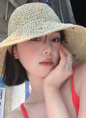 彩色甜美编织草帽女款夏海边沙滩