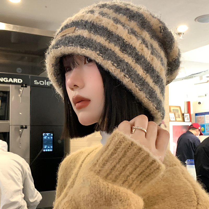 拼色条纹毛线帽女秋冬季日系宽松保暖护耳堆堆帽针织大头围帽子潮 - 图2