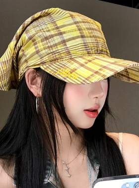 韩系黄色格子绑带头巾帽子女夏季