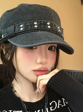 钮扣铆钉水洗牛仔灰色平顶鸭舌帽