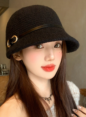 黑色皮带扣针织渔夫帽女款高级感