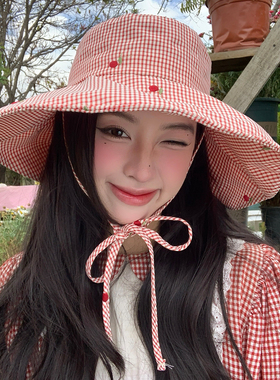 红色格子樱桃渔夫帽大帽檐显脸小