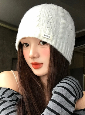 白色软糯麻花针织包头帽女秋冬冬