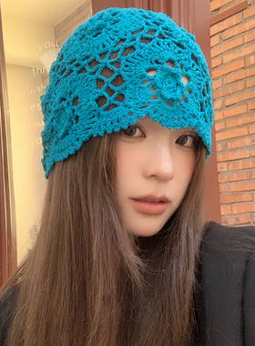 手工编织蓝色花朵镂空包头帽女
