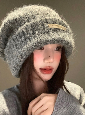含羊毛灰色堆堆帽女秋冬季大头围