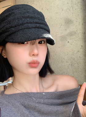 日系山本风褶皱黑色针织贝雷帽女