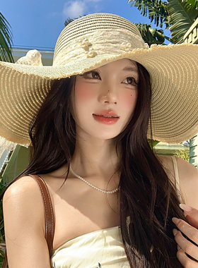 法式蕾丝珍珠蝴蝶结草帽大帽檐