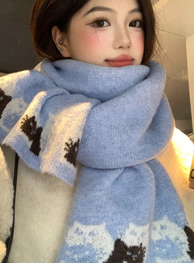 蓝色可爱卡通猫咪针织围巾女秋冬