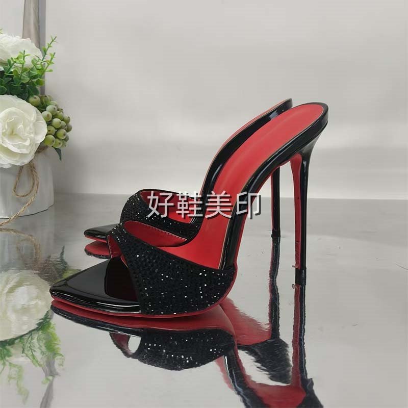 欧美外贸水钻红底43大码细高跟外穿凉拖鞋露趾时装尖头一字拖凉鞋,淘宝优惠券,粉丝福利购,淘宝优惠卷
