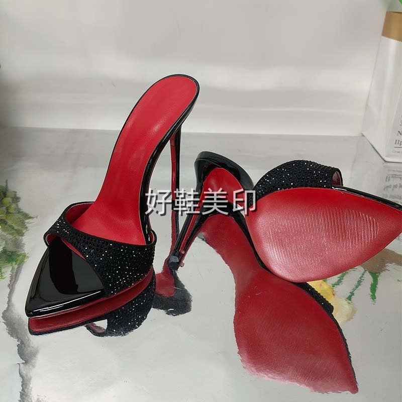 欧美外贸水钻红底43大码细高跟外穿凉拖鞋露趾时装尖头一字拖凉鞋,淘宝优惠券,粉丝福利购,淘宝优惠卷