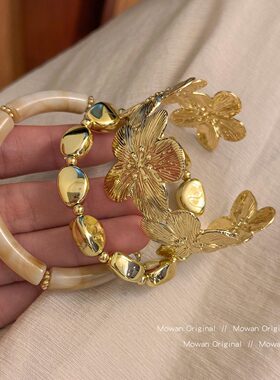 个性复古金色花朵编织镂空手镯
