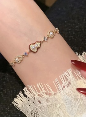 S925纯银新中式福禄红色葫芦手链精致镶珍珠珐琅轻奢时尚抽拉