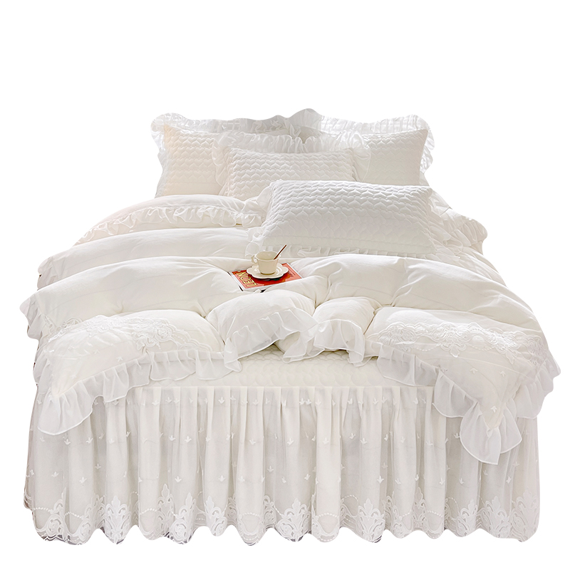 公主风白色四件套床裙款高级感牛奶绒加厚被套夹棉床单珊瑚绒冬季