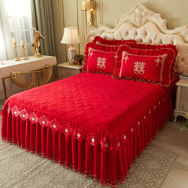 Bed skirt full cotton cotton bed cover wedding red
