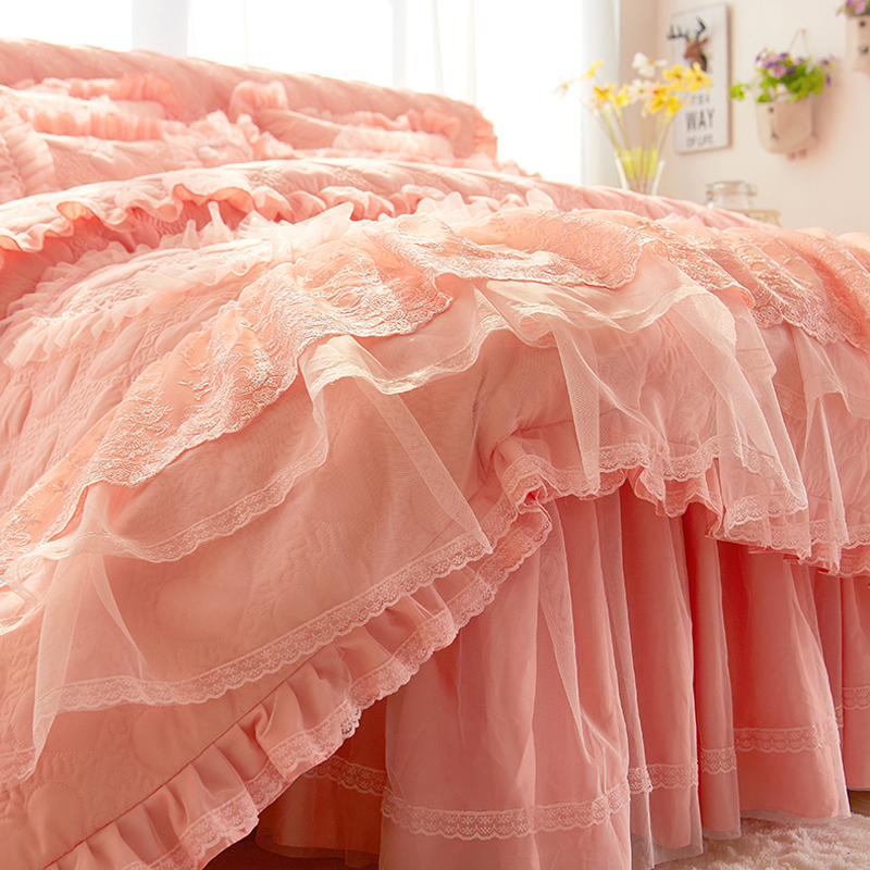 公主风全夹棉床裙款四件套床上加厚婚庆花边被套床罩纯色四季通用