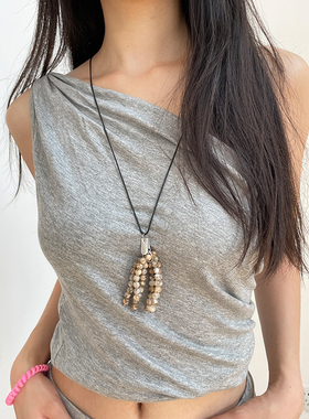 新中式天然石串珠流苏长款项链小众设计感可调节抽拉高级感毛衣链