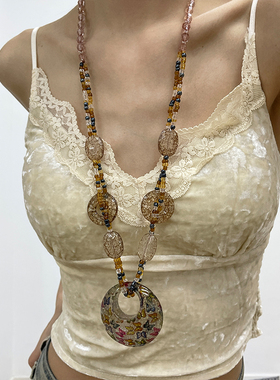 古早涩谷辣妹豹纹串珠长款项链y2k亚文化复古时髦亮晶晶毛衣链