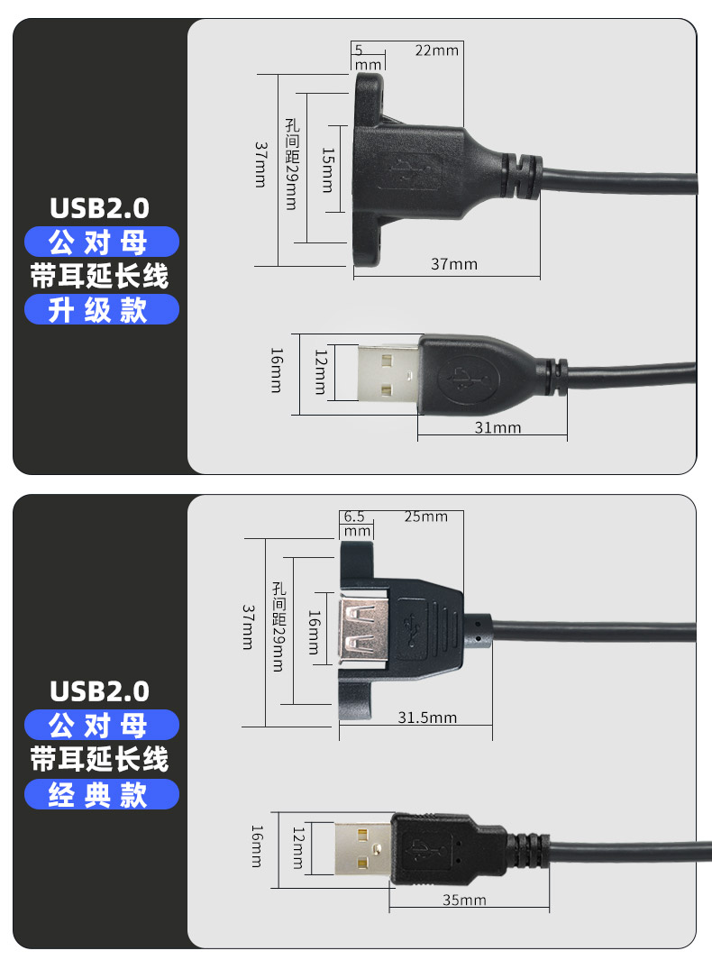 USB线2.0延长线带耳朵公对母带螺丝孔可固定带耳环机箱柜挡板A3.0 - 图3