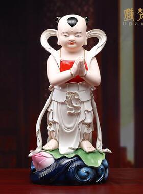 陶瓷彩绘观音菩萨善财童子摆件