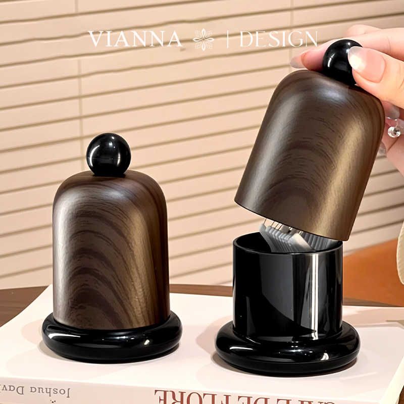 VIANNA丨森语·SLIK中古风木纹茶几带盖牙签罐高颜值牙线棉签收纳 - 图2