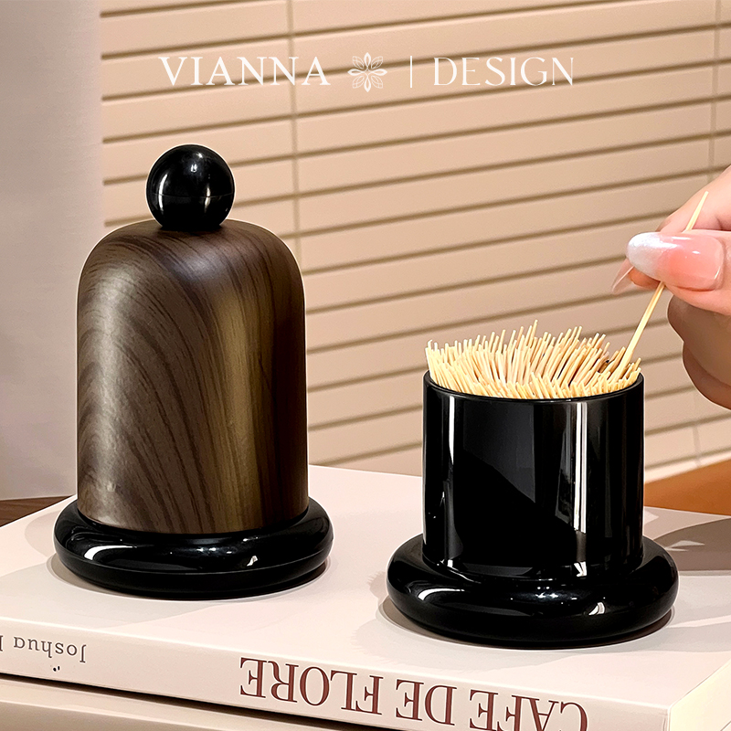 VIANNA丨森语·SLIK中古风木纹茶几带盖牙签罐高颜值牙线棉签收纳 - 图1
