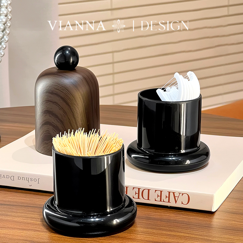VIANNA丨森语·SLIK中古风木纹茶几带盖牙签罐高颜值牙线棉签收纳 - 图0