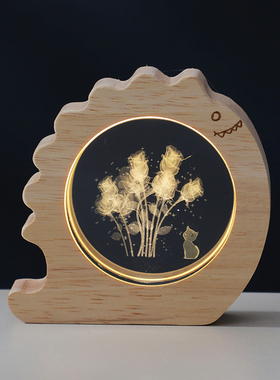 小恐龙木框水晶小夜灯