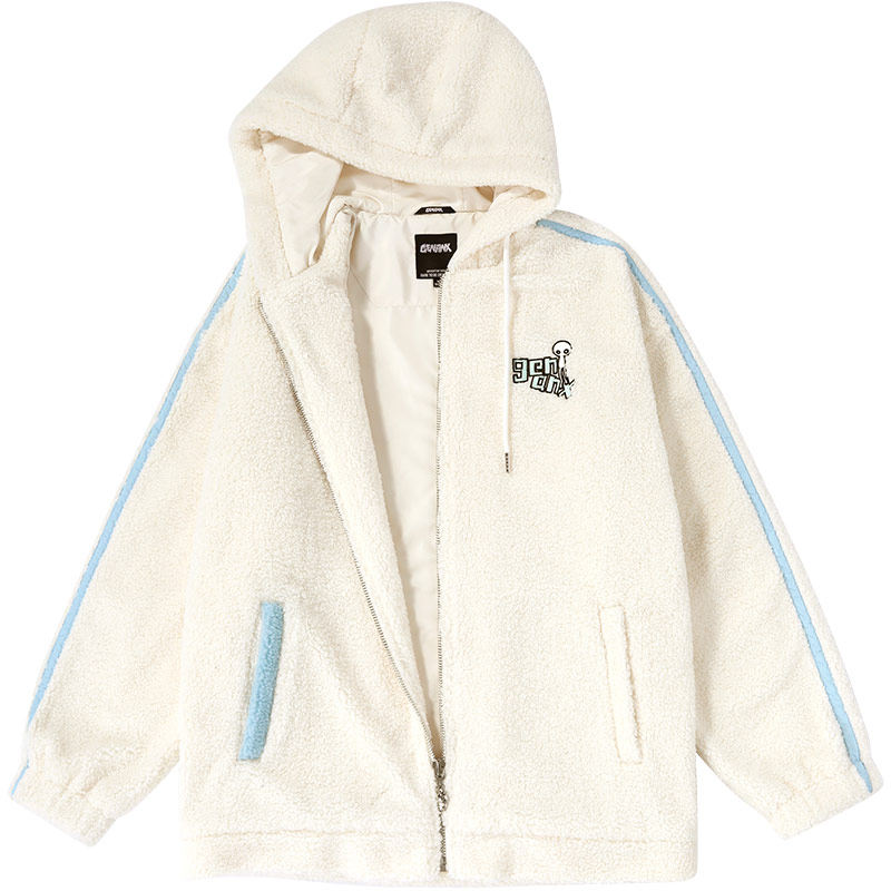GENANX闪电潮牌羊羔绒夹克宽松新款拼色绣花情侣同款连帽外套男,淘宝优惠券,粉丝福利购,淘宝优惠卷