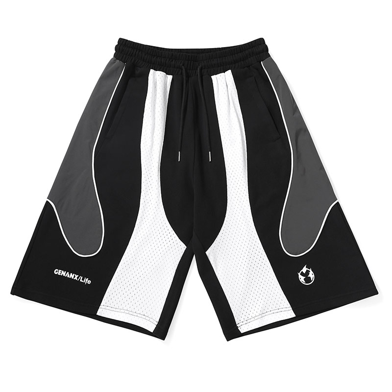 GENANX闪电潮牌夏季新款撞色拼接涂鸦印花网眼休闲运动五分短裤男 - 图3
