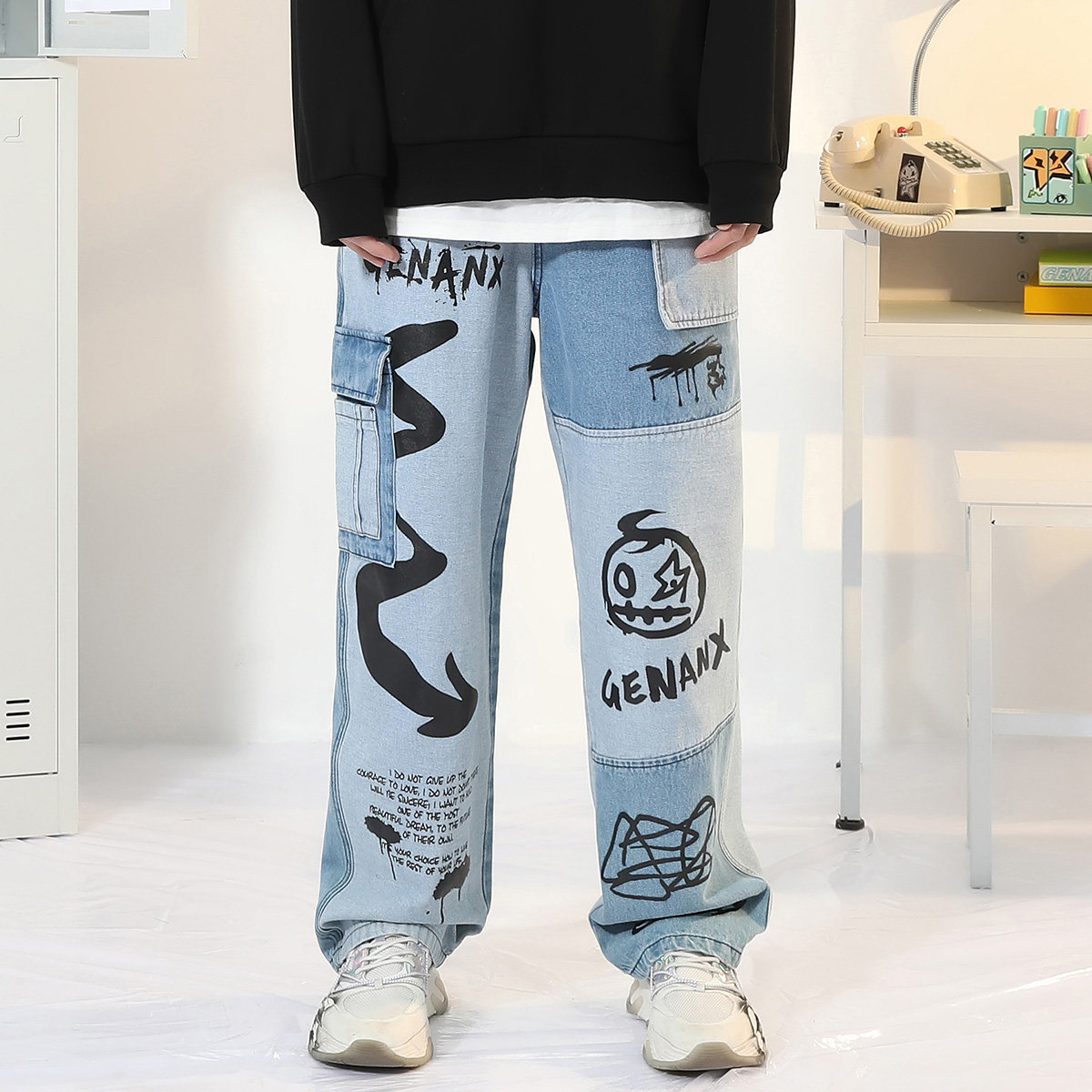 GENANX闪电潮牌秋季裤子国潮秋季新款街头风印花拼接工装牛仔裤男,淘宝优惠券,粉丝福利购,淘宝优惠卷