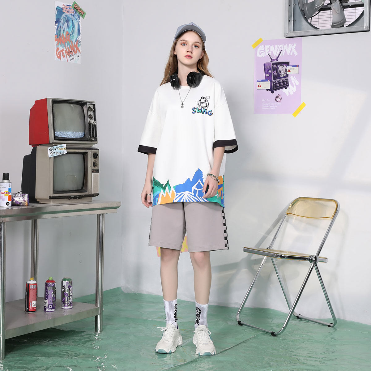 genanx太空棉情侣短袖拼接男打底衫 genanxT恤