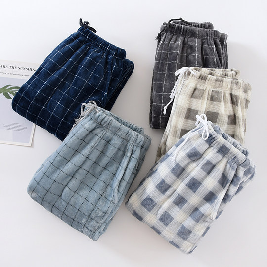 Trousers flannel men coral velvet plaid home pants