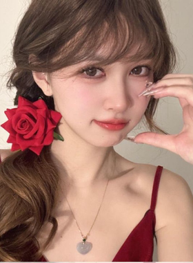 女红色玫瑰花朵发夹发卡法式低马尾侧边鸭嘴夹头饰