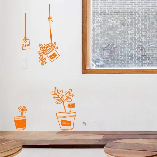 Small fresh plant flower pot glass sticker clothing milk tea shop restaurant window white wall decoration window sticker