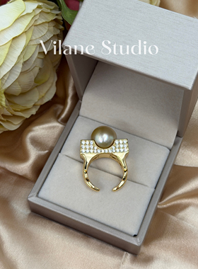 高货 霸气侧漏天然海水金珠13.75浅金重工小众厚银立体开口戒指