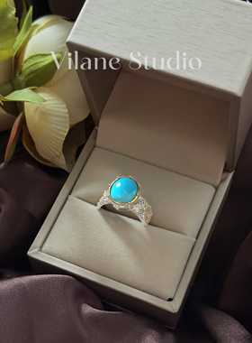 天然美松蛋面14*12意工托双色菱纹简单包边S925纯银镀18K戒指开口