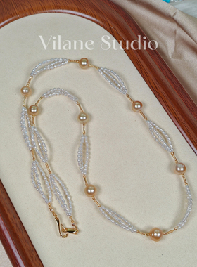 海水金珠长款多层编织3股毛衣链65cm