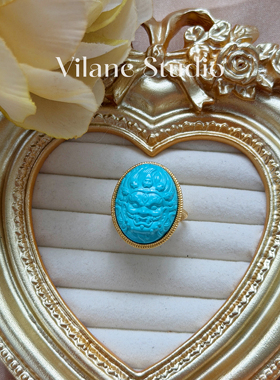 天然原矿绿松石雕刻藏族大护法纯银包边开口蛋面裸石16*20戒指