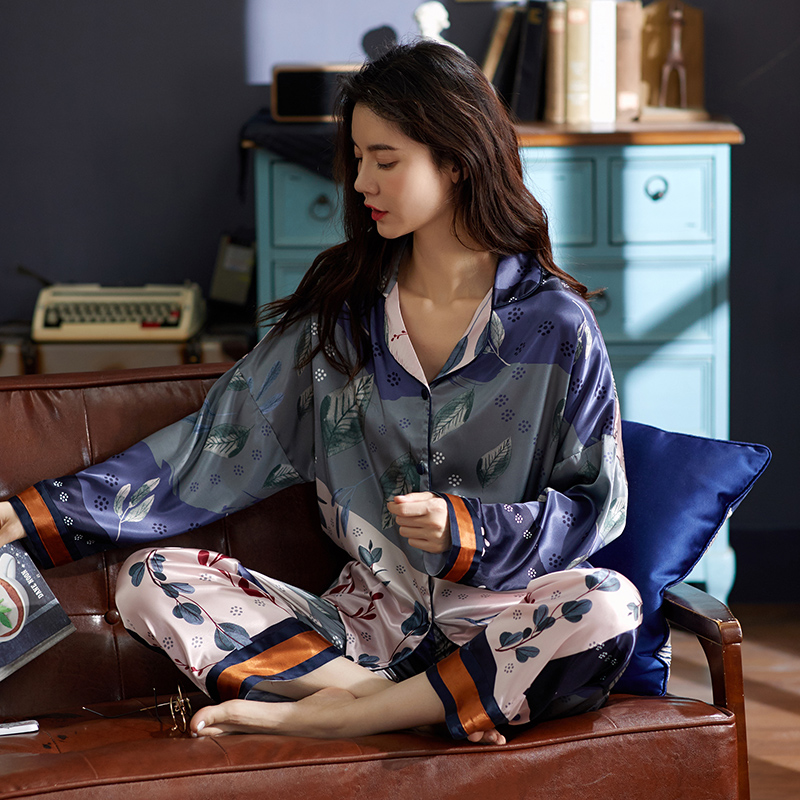 诺盾旗舰店诺盾睡衣女夏季冰丝薄款春秋长袖仿真丝绸休闲大码家居服两件套装1