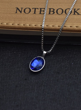 钛钢不褪色椭圆蓝色水晶吊坠项链