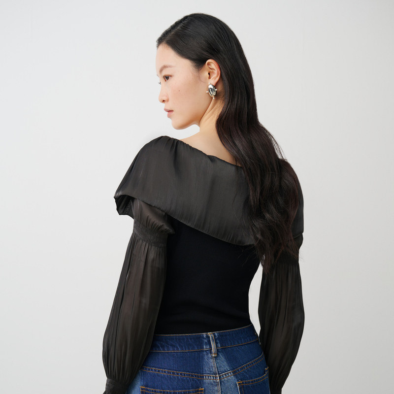 【商场同款】HPLY荷比俪秋季新款女一字肩针梭相拼修身毛衫,淘宝优惠券,粉丝福利购,淘宝优惠卷