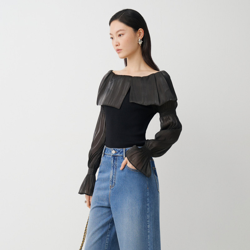 【商场同款】HPLY荷比俪秋季新款女一字肩针梭相拼修身毛衫,淘宝优惠券,粉丝福利购,淘宝优惠卷