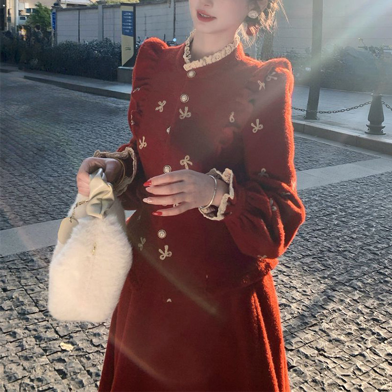 圣诞新年战袍套装女秋冬季木耳边收腰毛呢外套高腰半身裙子两件套,淘宝优惠券,粉丝福利购,淘宝优惠卷